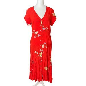 CAPULET Large Ellie Midi Dress Bright Red Floral Vneck Button Front Long